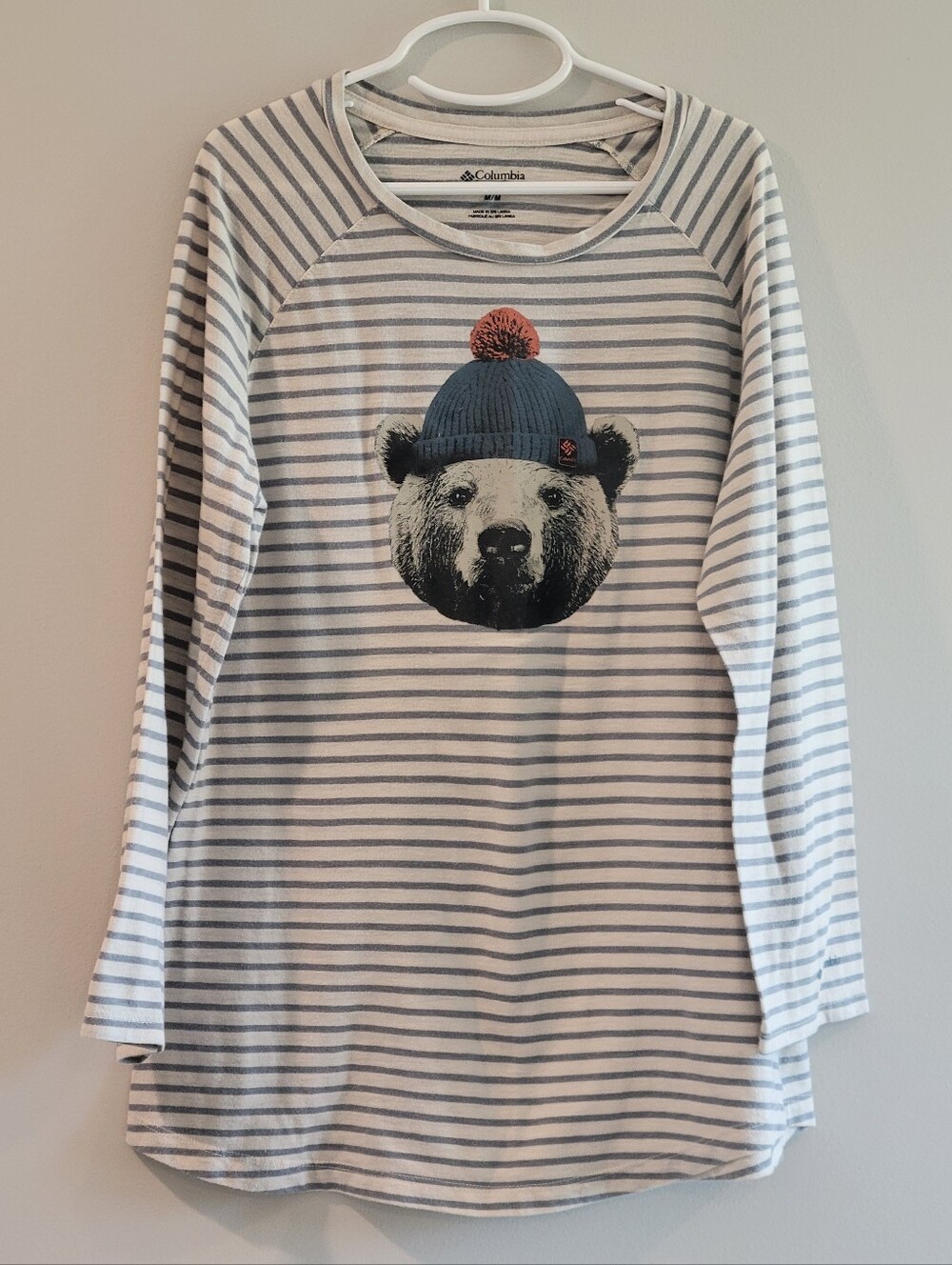 Columbia Kids Cream & Gray Striped Long Sleeve Tee with Bear Graphic